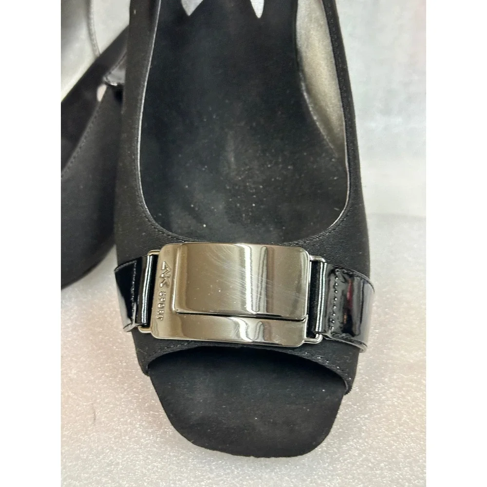 Anne‎ Klein Sport Black Slingback Wedge Peep Toe Heels Shoes Women 10M